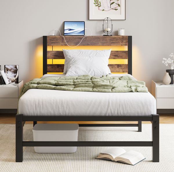 Metallbettgestell 90x200 cm mit LED & USB, schwarz-braun, 100 kg, Stauraum (Ohne Matratze)