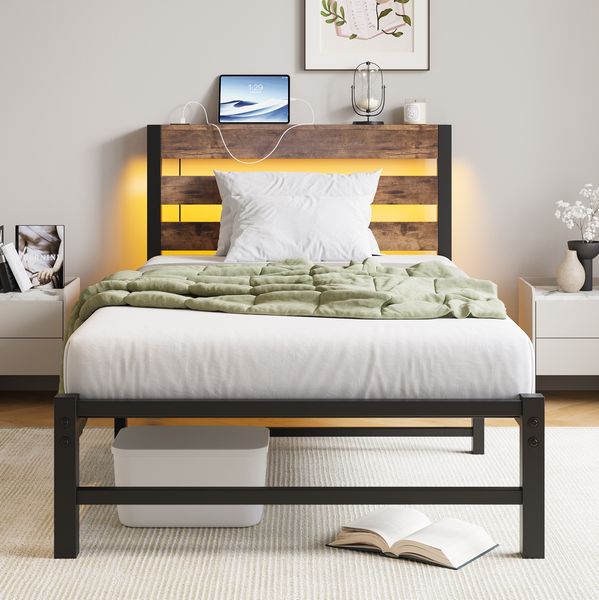 Metallbettgestell 90x200 cm mit LED & USB, schwarz-braun, 100 kg, Stauraum (Ohne Matratze)