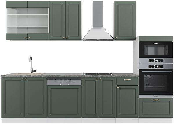 Küchenzeile Fame-Line Grün-Gold Landhaus/Weiß 300 cm mit Hochschrank, ohne Arbeitsplatte Vicco