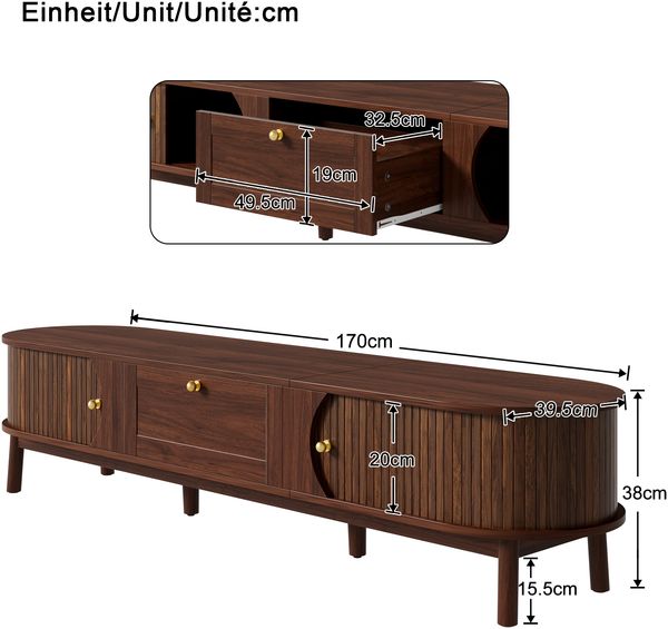 TV-Schrank 170x39,5x38 cm, in Nussbaum, mit Schublade, Schiebetüren und abgerundeten Ecken Bild 5