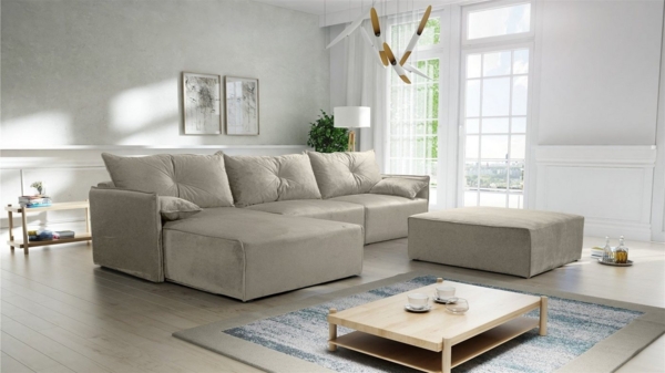 Ecksofa mit Schlaffunktion HUNTER in Royal Graubeige Ottomane Links inkl. Hocker