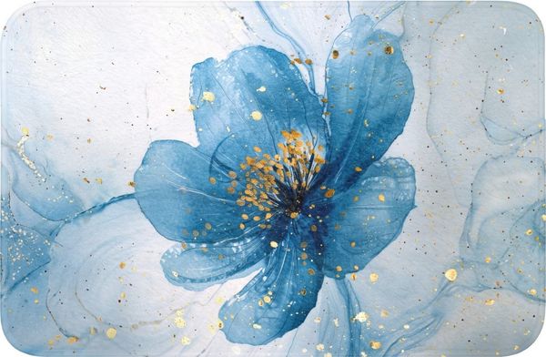 OnlyWow WC-Vorleger Blumen - Blau - Gold - Aquarell - Modern, Höhe 10 mm, Polyester, Rechteckig, WC Teppich, Toilettenvorleger, Toilettenteppich, Badematte 60x40 cm