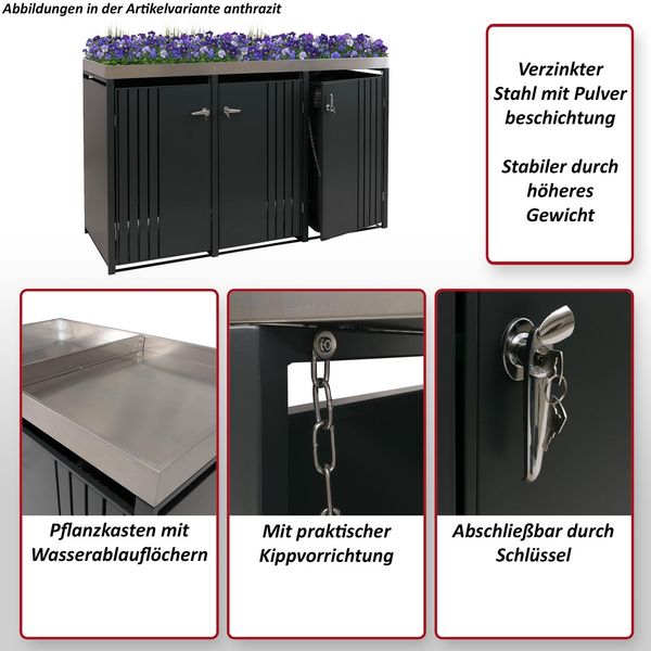 3er-Mülltonnenverkleidung HWC-O67, Mülltonnenbox mit Pflanzkasten, Metall 125x196x84cm 75kg ~ anthrazit Edelstahl Bild 2