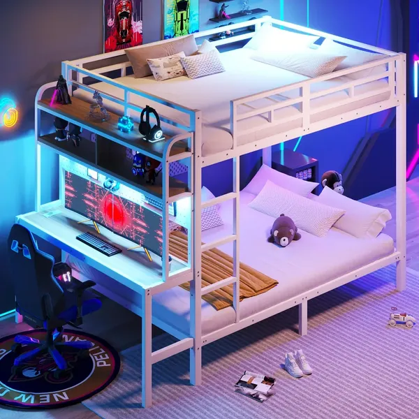 Etagenbett mit RGB LED-Lichterkette, Steckdose, USB, Schreibtisch, Leiter, Regal, Rausfallschutz und Lattenrost, 140x200cm, Metallbett, Kinderbett