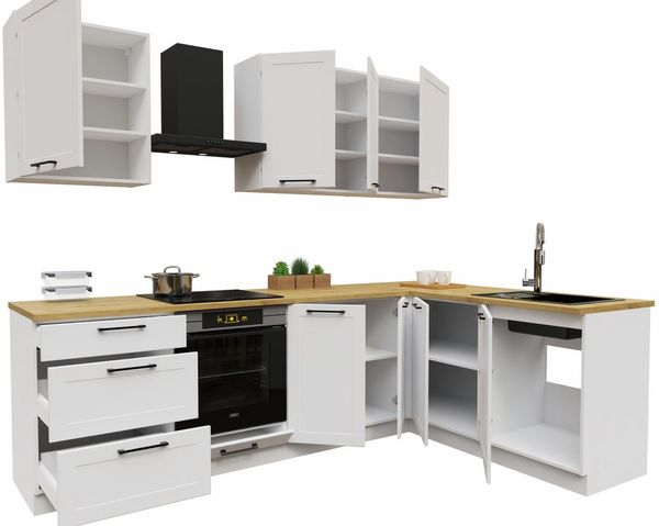 Möbel für Dich Winkelküche Eckküche im Landhausstil 260x170 cm Adele 8-teilig, mit Rahmenfronten in Mattweiß, schwarze Metallgriffe