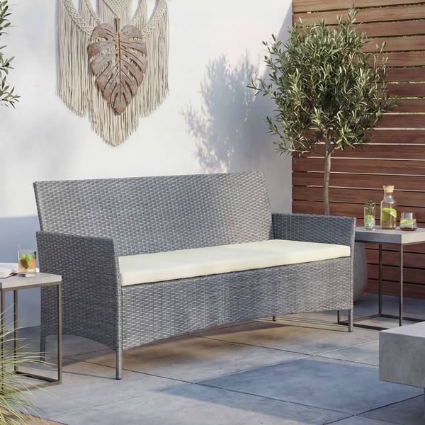 3-Sitzer Poly-Rattan Gartenbank Halden, Sitzbank ~ grau, Kissen creme