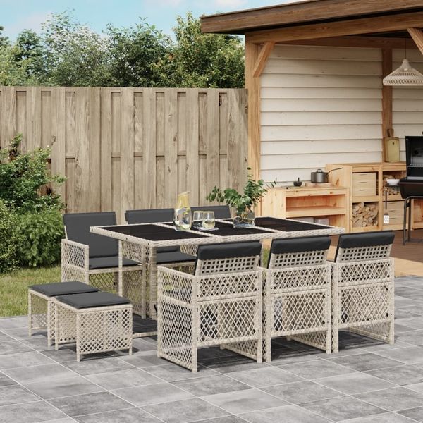 vidaXL 11-tlg. Garten-Essgruppe mit Kissen Hellgrau Poly Rattan 3210791