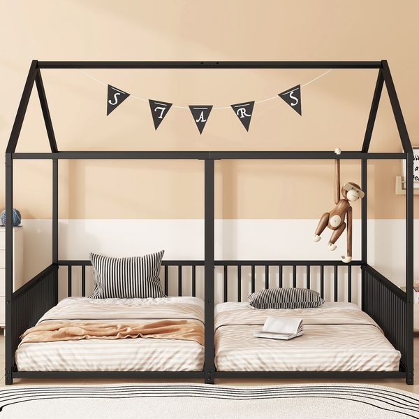 Kinder-Etagenbett "Haus-Design" 186x206x174,5 cm, Schwarz Metall, Doppelbett 2x 90x200 cm