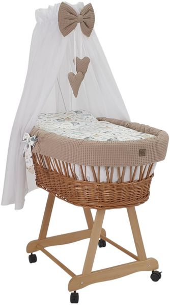 WIKLINOPOL Stubenwagen Lena aus Weide – Babywiege mit Rollen, Matratze, Baldachin & Bettwäsche aus Waffelstoff mit Kaninchen, handgefertigt, Natur Moseskorb