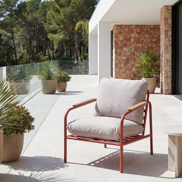 Aluminium-Gartensessel HWC-O11, Outdoor Stuhl Gartenstuhl, Olefin Stoff/Textil (205 g/m²) ~ terrakotta Polster beige