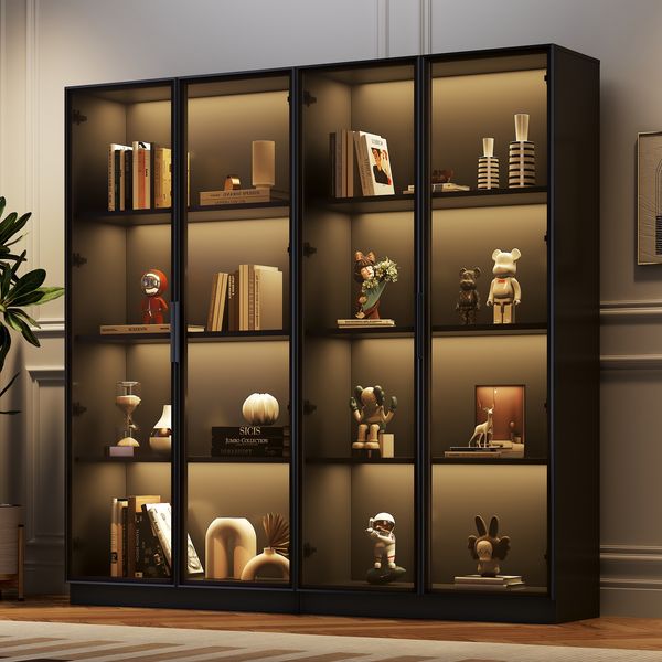 Merax 160cm Glasvitrine*2 mit APP LED-Beleuchtung, doppeltürige Vitrine mit beweglichen Einlegeböden, Hochschrank, Schwarz
