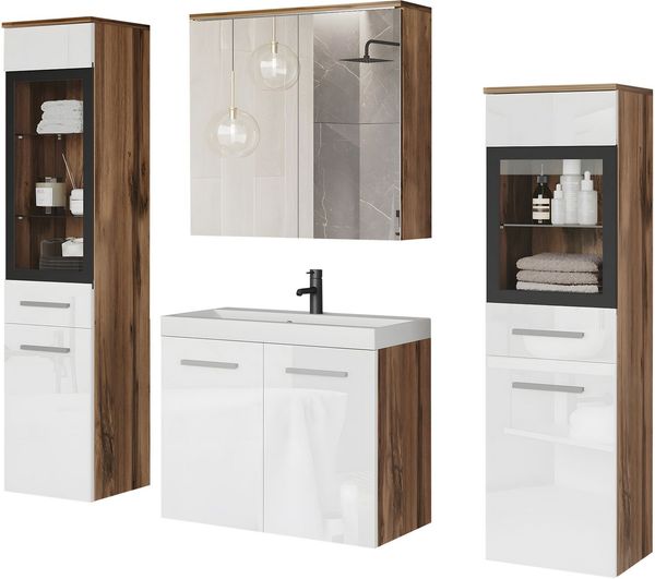 welltime Badmöbel-Set MADRIT II, Schrank mit Waschbecken, 2 Hänger, Spiegelschrank, (Komplett-Set, 5-St), Hängende Badmöbel mit Glaseinsätzen – in vielen Farben erhältlich
