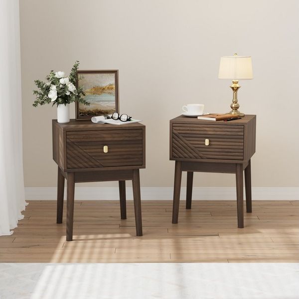 BBWL Nachttisch Set 2 Stück Mid Century mit Schublade Metallgriffen Beistelltisch, Nachttisch Se Modern mit MDF