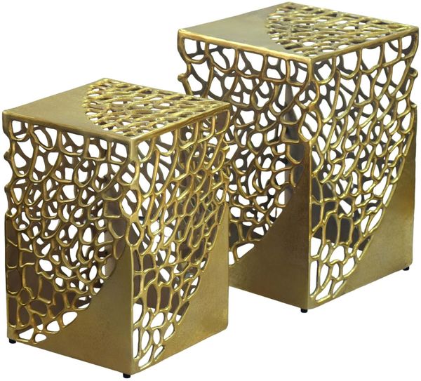 2er Set Beistelltisch Aluminium Gold - Design Couchtisch Set - Metalltisch Wohnzimmertisch modern Alu - Sofatisch quadratisch Metall - Loungetisch Set Satztisch Handmade