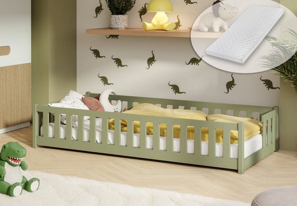 Kids Collective Kinderbett Bodenbett mit Rausfallschutz & Lattenrost Montessori Betten Kinder (Verfügbare Größen: 80x160, 80x180, 90x190, 90x200, 120x200, 140x200 cm), Jugendbett Einzelbett Kiefer mit Matratze Olivgrün 90x190 cm