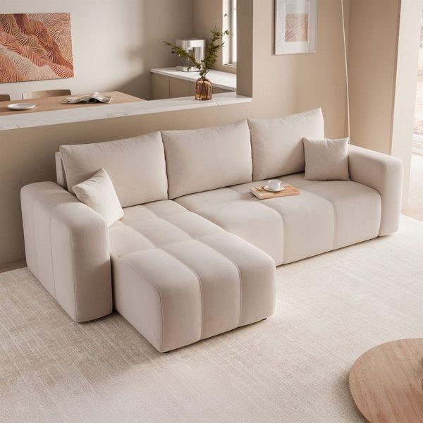 Ecksofa Schlafsofa Sofa LEROS in Stoff Manila Beige Ottomane Links