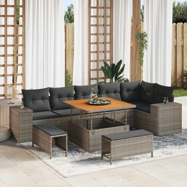 vidaXL Gartensofa-set mit Kissen 9 pcs Grau Poly-Rattan 3362018