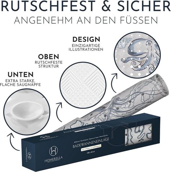 Homerella Badematte rutschfest 100% BPA frei inkl. 2 Haken zum Aufhängen 100x40cm, Antirutschmatte Badewanne hautsensitiv & schimmelresistent Bild 4