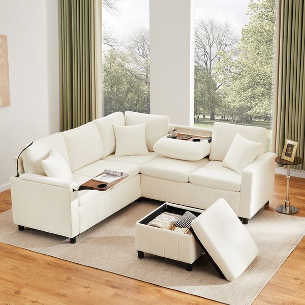 Merax Chenille-Ecksofa, 205cm L-förmiges Sofa mit Schlaffunktion, Ausziehsofa mit Hocker, Leselampe, USB&Type-C, Ausgestattet mit verstecktem Tisch, Ausklappbarer Couchtisch mit zwei Getränkehaltern, Beige