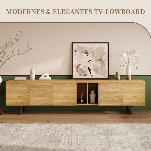 SeedWave Lowboard TV-Schrank in Holzoptik, 191cm Breite Fernsehschrank mit 5 Türen, 5 geschlossene Fächer + 2 halboffene Ablagen