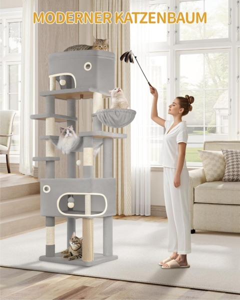 Kratzbaum, 203 cm Katzenbaum mit großer Plattform, 2 Höhlen, 7 Kratzsäulen, Pompons, Liegemulden, Hängematte, Geeignet für alle Katzenrassen, Hellgrau