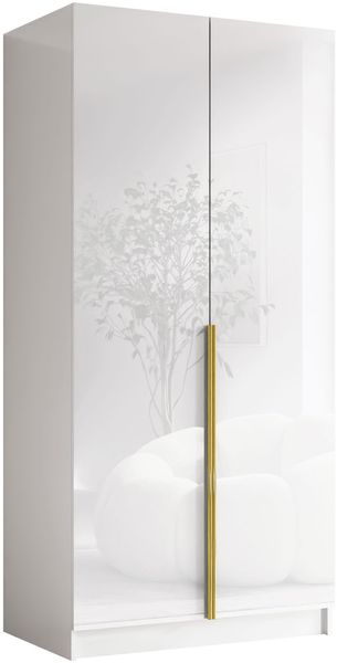 Drehtürenschrank Borton I, Kleiderschrank mit 2 Türen (Farbe: Weiß / Weiß Hochglanz + Gold)