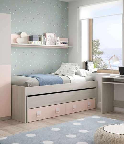 Kinderbett >NUBE< in Alpen-Weiß / Grau / Rosa - 199x65x96 (BxHxT)