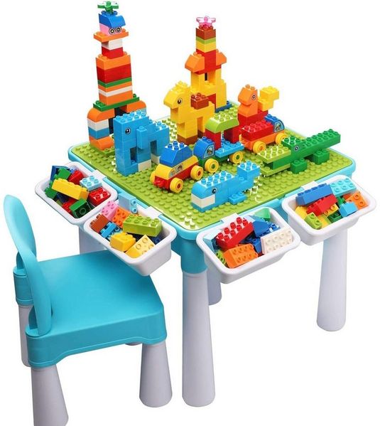 TUWENA Kindertisch 5-in-1-Kinder-Aktivitäts-Tischset mit 128 Teile Bausteinen Spielzeug, Spieltisch Enthält 1 Stuhl und Bausteintisch mit Aufbewahrung