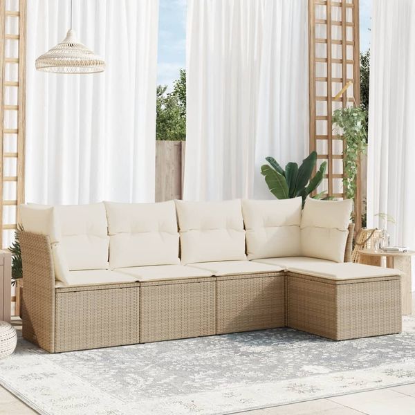 vidaXL 5-tlg. Garten-Sofagarnitur mit Kissen Beige Poly Rattan 3249397