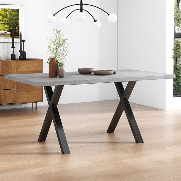Esstisch, Design mit gekreuzten Beinen, rechteckiger Esstisch, Couchtisch, moderner, einfacher Esstisch aus Schmiedeeisen, L140*B80*H76cm,Betonoptik+schwarz[OLD SKU:N634P243368B]