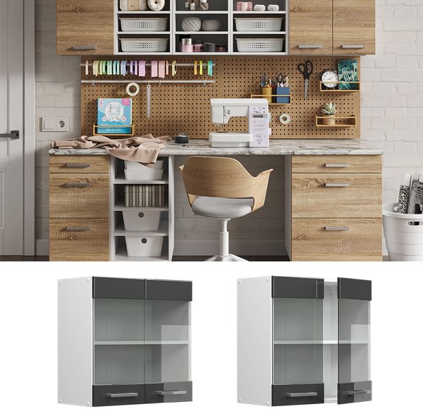 Hängeschrank R-Line Anthrazit Hochglanz 60 cm mit Glastüren Vicco Bild 2