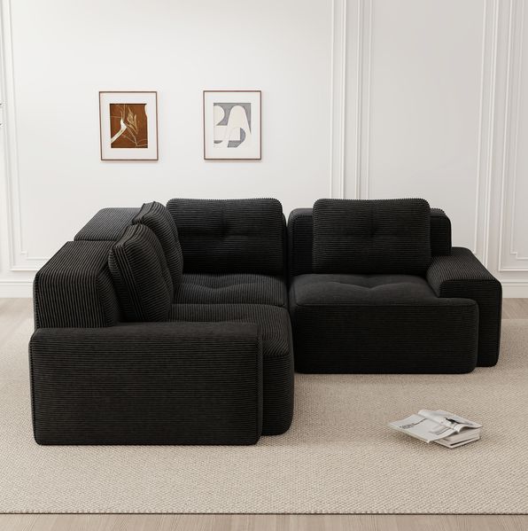 Modulares Ecksofa 69cm×177cm×104cm in Schwarz aus Cordstoff – tiefer Sitzkomfort, rutschfester Standfuß, 3 Pakete