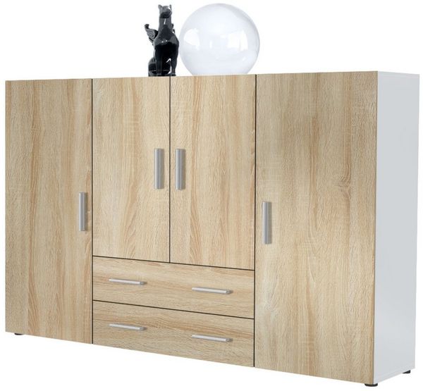 Highboard Nora Anrichte mit 2 Schubladen und 4 Türen mit insgesamt 8 Fächer dahinter, Weiß matt/Eiche sägerau (166,5 x 106,5 x 35 cm)