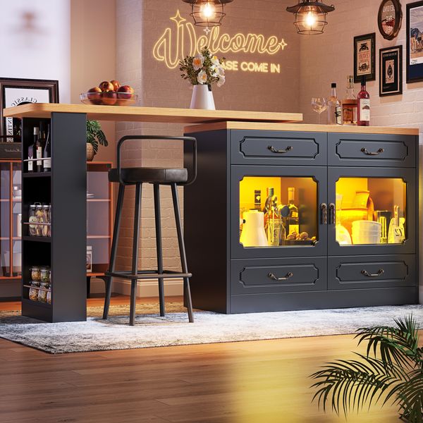 Bartisch aus MDF mit LED, 360° drehbar & Stauraum, 135-203 x 39 x 92,8 cm, Schwarz/Natur