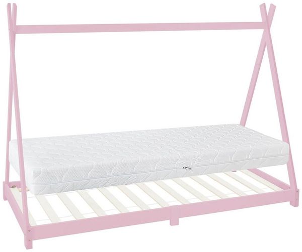 ML-DESIGN Spielbett Hausbett Tipi Zeltbett inkl. Lattenrost Bodenbett Kinder Himmelbett, Abenteuerbett zum Spielen Zelt Kinderbett Kiefer Bettenhaus Bett Rosa