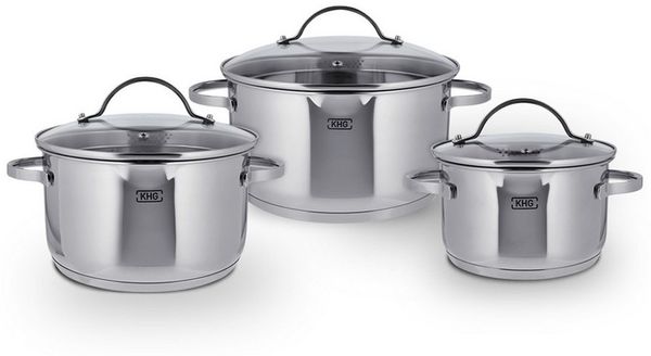 KHG Topf-Set mit Glasdeckeln, für alle Herdarten inklusive Induktion, Edelstahl (Topf-Set, 6-tlg), Sieb & Dampfloch im Deckel, Ausgusslippe im Topfrand, Innenskala