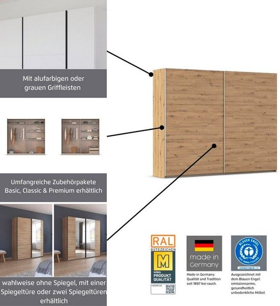 rauch Schwebetürenschrank Kleiderschrank Drehtürenschrank Schrank Garderobe KRONACH (in 3 Ausstattungen BASIC/CLASSIC/PREMIUM, Breiten 131/175/218/261 cm) optional ohne, mit 1 oder 2 Spiegel, viel Stauraum MADE IN GERMANY Bild 4