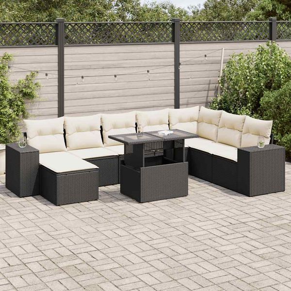 vidaXL 9-tlg. Garten-Sofagarnitur mit Kissen Schwarz Poly Rattan 3326847