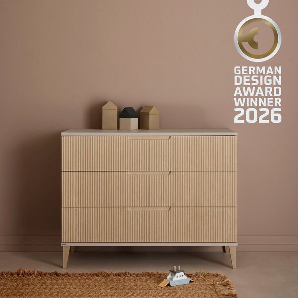 PAIDI Wickelkommode JONTE in Beige & Eichefarben, 3 Schubladen mit Soft-Close, Vollauszug, Kommode 124 cm Breite, Wickeltisch mit Massivholz-Füßen