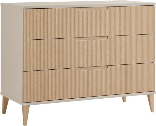 PAIDI Wickelkommode JONTE in Beige & Eichefarben, 3 Schubladen mit Soft-Close, Vollauszug, Kommode 124 cm Breite, Wickeltisch mit Massivholz-Füßen