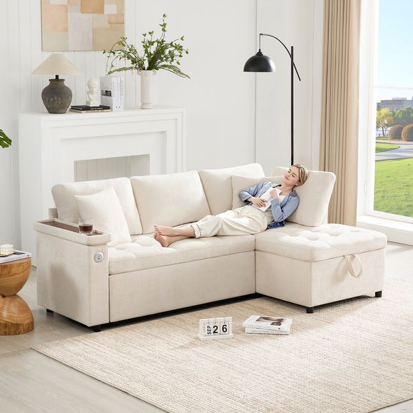 Ecksofa mit Récamiere rechts & Schlaffunktion,Ausziehbares Schlafsofa mit Stauraum, USB-Anschluss & Ablagefach, Chenille Bezug,Beige