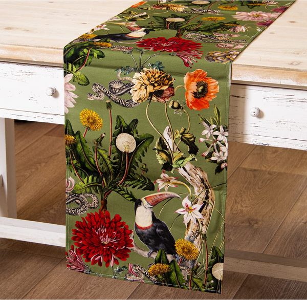 Tischläufer mit Digitaldruck, Tukan und Blumen, mit Reißverschluss, 33x180 cm