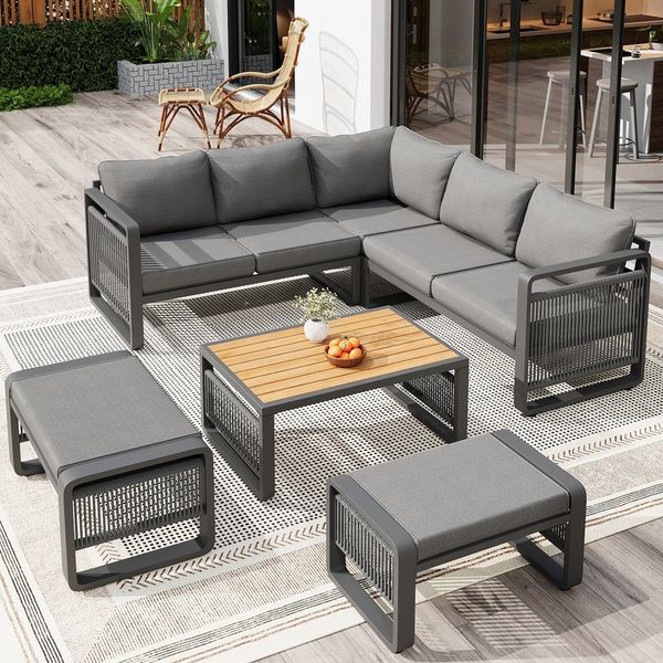 Merax Gartenlounge-Set handgewebtem Seilgeflecht Gartenmöbel mit verstellbaren Füßen, (6-tlg, wetterfeste Terrassenmöbel mit dicken Polstern und Eisenrahmen), 7-Sitzer Sitzgruppe mit Couchtisch, 2-Sitzer Sofa, Ecksofa & Hockern