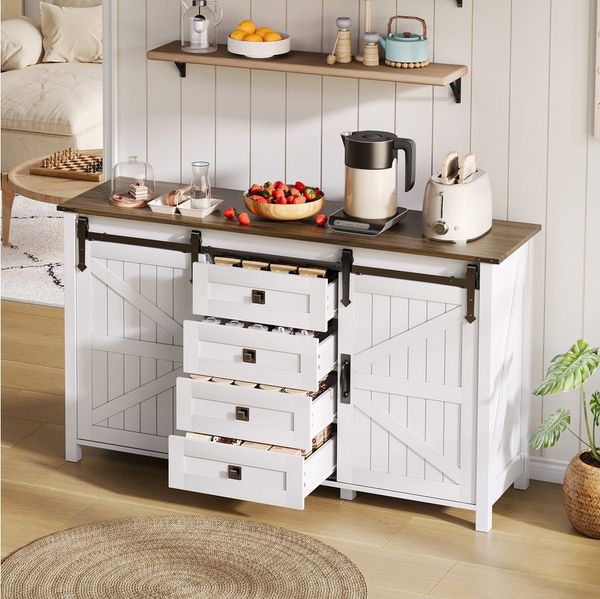 Flieks Kommode mit 4 Schubladen und Schiebetüren Weiß (B137/T40/H81,5 cm, 1 St, Schrank für Wohnzimmer, Esszimmer und Schlafzimmer), Schiebetüren Mehrzweckschrank Küchenschrank Holzschrank weiß