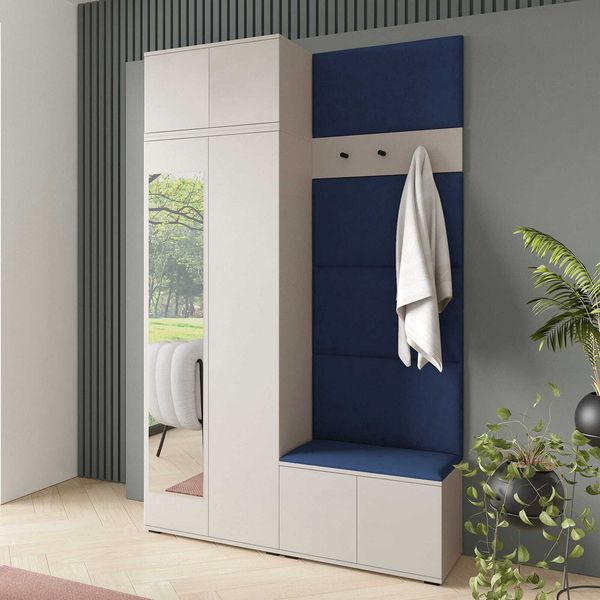 Garderoben-Set Napoli Version 4: Kleiderschrank mit Polsterpaneelen, Schuhschrank Flur und Eingangsbereich (Cashmere/Trinity 30), 225 x 40 x 140 cm