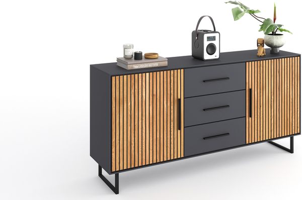 Sideboard >Joe< in Eiche / anthrazit, Eiche teilmassiv - 163x84x40cm (BxHxT)