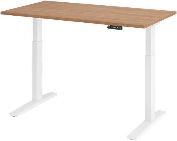 bümö elektrisch höhenverstellbarer Schreibtisch 140x80 cm in Nussbaum, Gestell weiß - Sitz & Stehschreibtisch mit Memoryfunktion, elektrischer Stehtisch & Gaming Tisch, XMKA-Serie, XMKA14-N-W