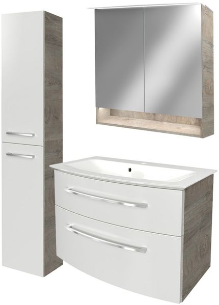 FACKELMANN B.STYLE Badmöbel Set 4-teilig 83 cm breit, Weiß/Braun hell + LED Spiegel Spiegelschrank+ Hochschrank Türanschlag links