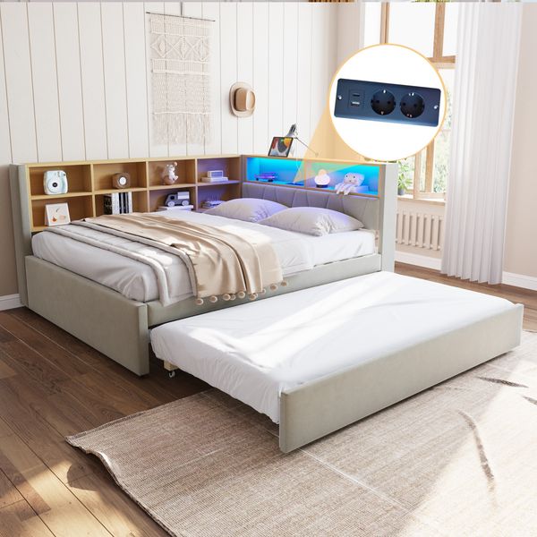 Multifunktionales Schlafsofa 140x200 cm mit Ausziehbett, LED-Leuchten, USB & Typ-C Ladeanschluss, Stauraum,Hellgrau