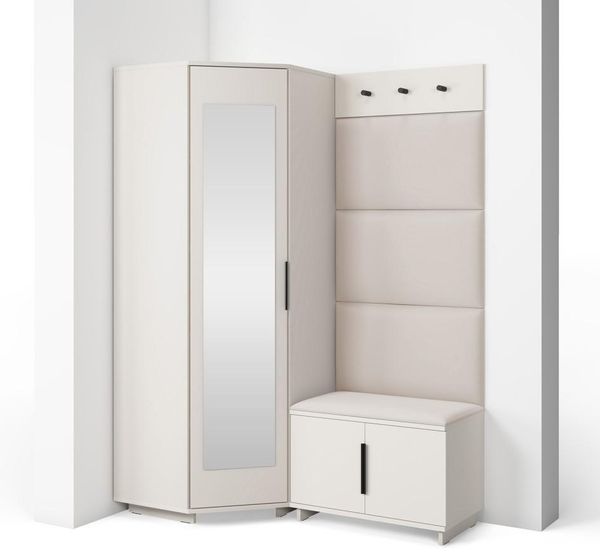 Garderoben-Set Napoli Version 17: Eckschrank mit Polsterpaneelen, Schuhschrank und Schrankaufsatz Flur und Eingangsbereich (Cashmere/Trinity 01), 189 x 40 x 140 cm